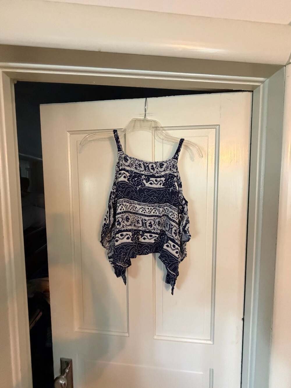 Hippie Laundry Blue and White Boho Print Handkerchief Hem Tank Top Size S